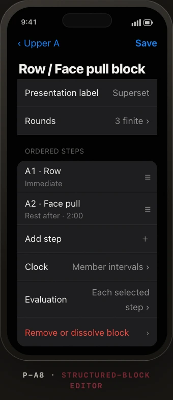 Bar Bear iPhone structured block editor for a Row and Face Pull superset
