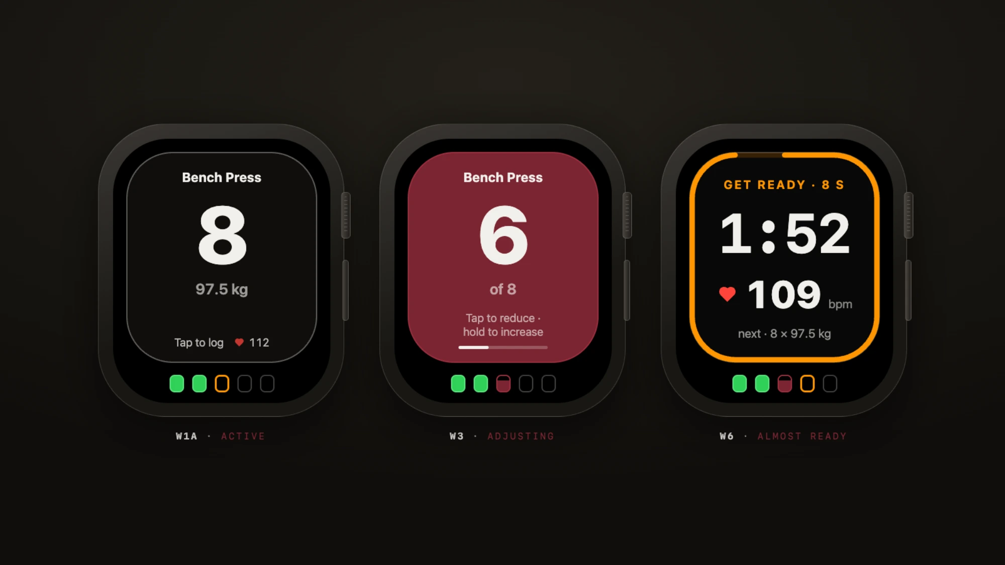 Three Bar Bear Apple Watch workout views: active set, adjusting reps, and almost ready